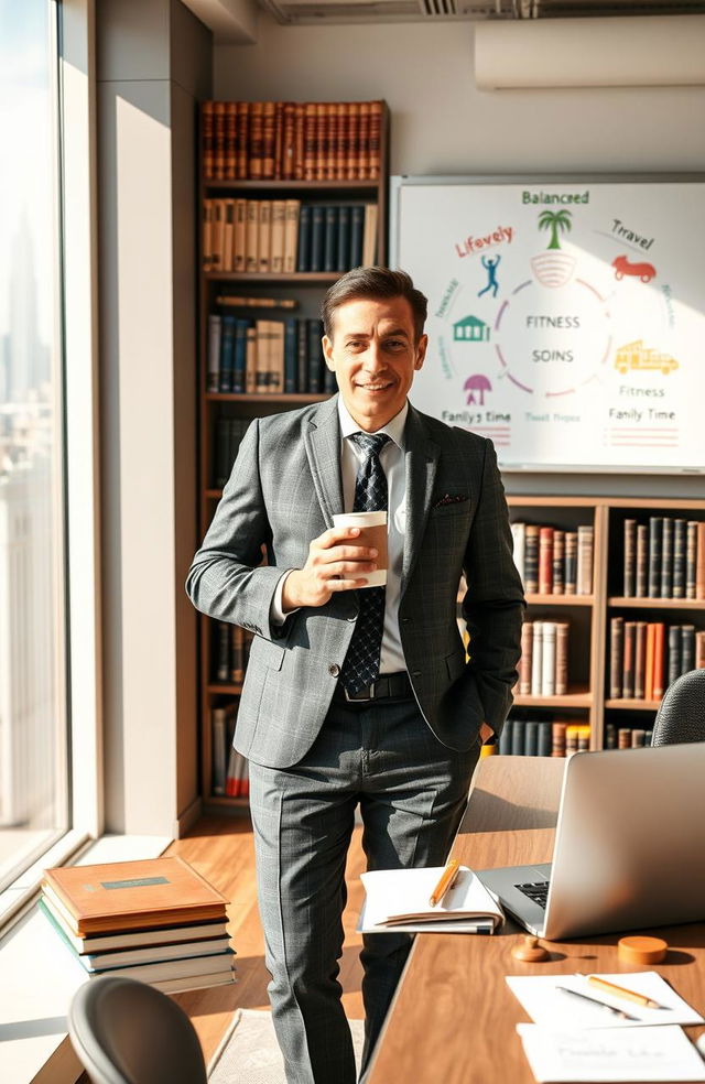 A professional lifestyle lawyer stands confidently in a modern office filled with shelves of legal books and a large window showcasing a vibrant cityscape