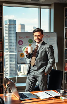 A professional lifestyle lawyer stands confidently in a modern office filled with shelves of legal books and a large window showcasing a vibrant cityscape