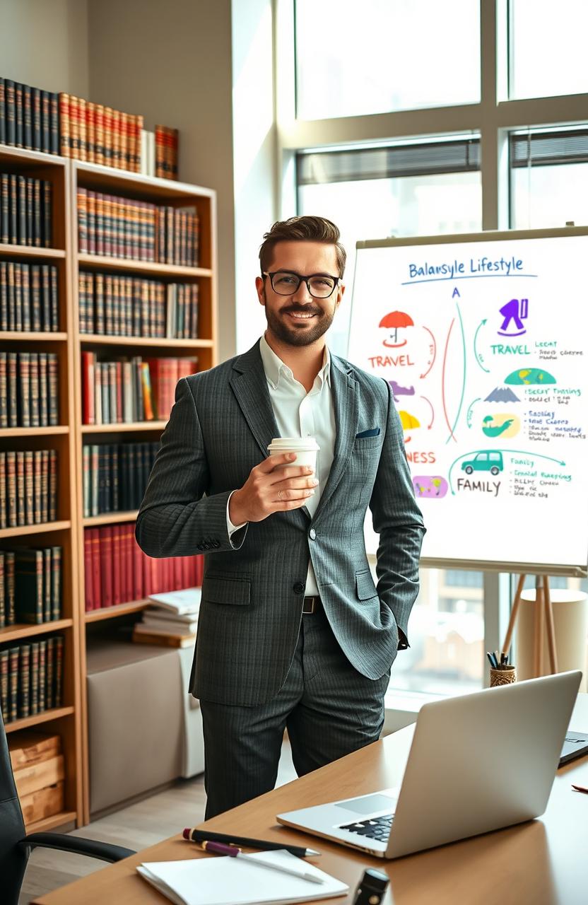 A professional lifestyle lawyer stands confidently in a modern office filled with shelves of legal books and a large window showcasing a vibrant cityscape