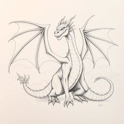 A detailed pencil drawing of a dragon with large, majestic wings