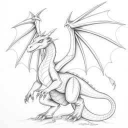 A detailed pencil drawing of a dragon with large, majestic wings