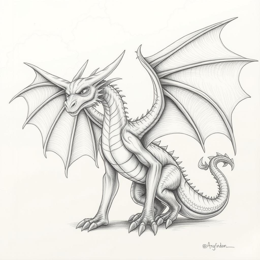 A detailed pencil drawing of a dragon with large, majestic wings