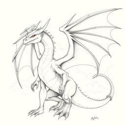 A detailed pencil drawing of a dragon with large, majestic wings