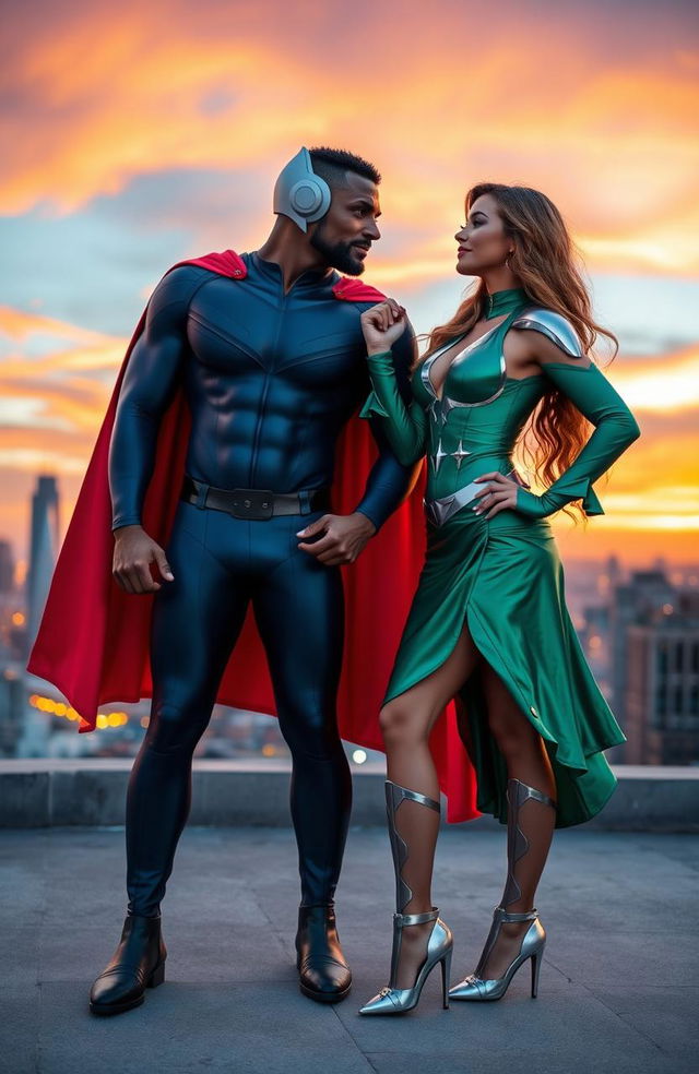 A superhero couple striking a dynamic pose on a rooftop at sunset, showcasing their unique costumes that blend elements of classic and modern design