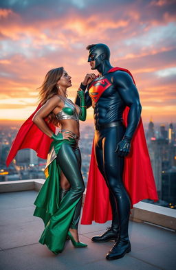 A superhero couple striking a dynamic pose on a rooftop at sunset, showcasing their unique costumes that blend elements of classic and modern design