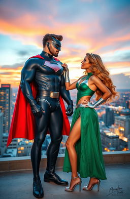 A superhero couple striking a dynamic pose on a rooftop at sunset, showcasing their unique costumes that blend elements of classic and modern design