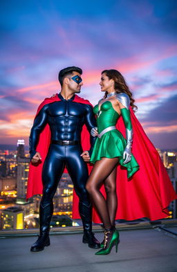 A superhero couple striking a dynamic pose on a rooftop at sunset, showcasing their unique costumes that blend elements of classic and modern design