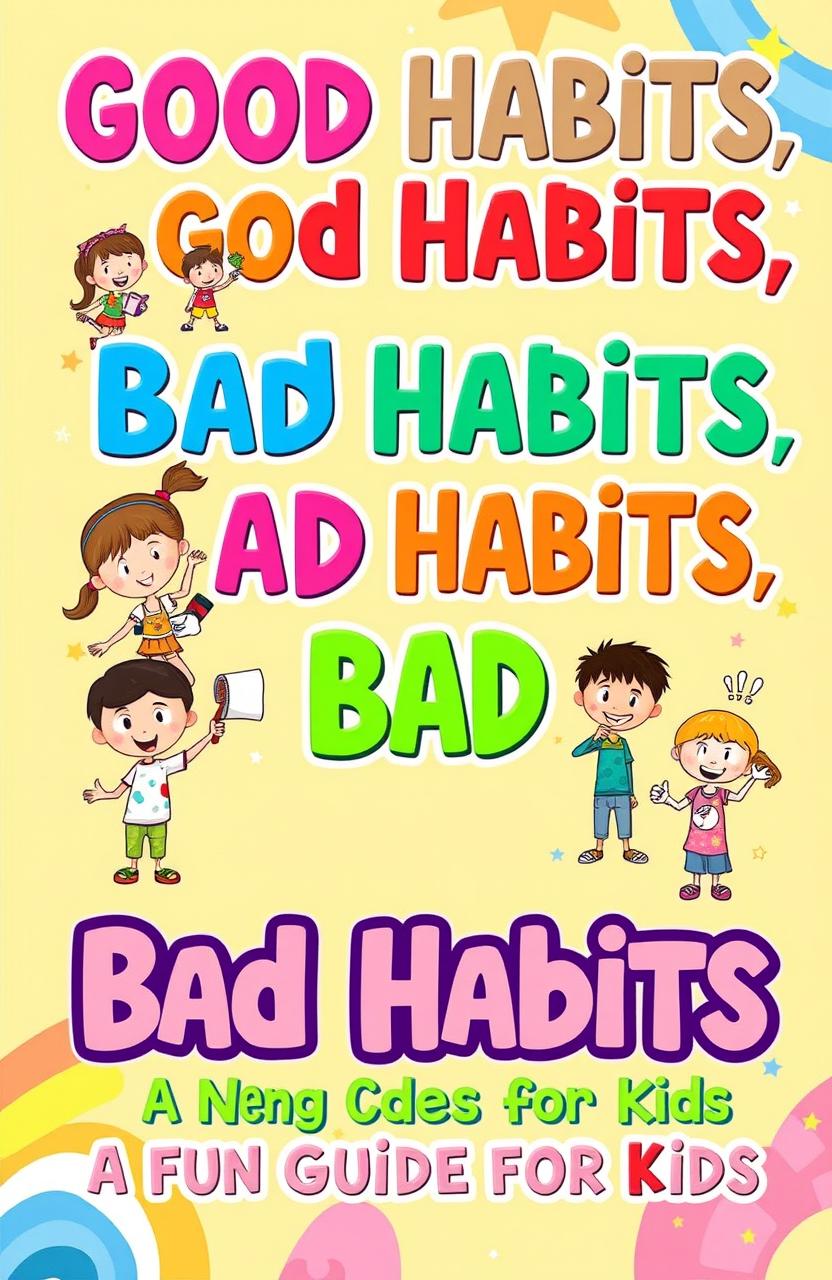 A colorful and engaging book cover design titled 'Good Habits, Bad Habits: A Fun Guide for Kids