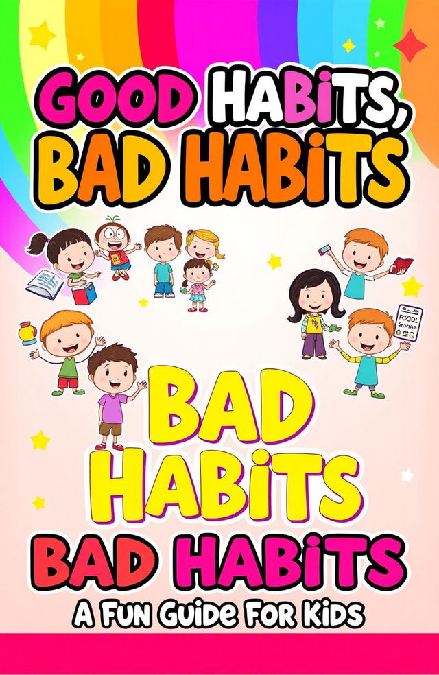 A colorful and engaging book cover design titled 'Good Habits, Bad Habits: A Fun Guide for Kids