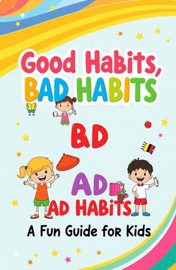 A colorful and engaging book cover design titled 'Good Habits, Bad Habits: A Fun Guide for Kids