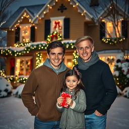 A festive Christmas scene featuring two young men in their 30s, one with dark hair and the other with blond hair, standing together in front of a beautifully decorated house adorned with sparkling Christmas lights and holiday decorations