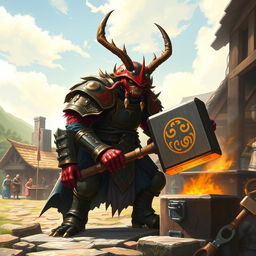 Set in a vivid fantasy world, the scene captures a beetle-like humanoid that intricately blends characteristics of a Crab Stag Beetle and a human