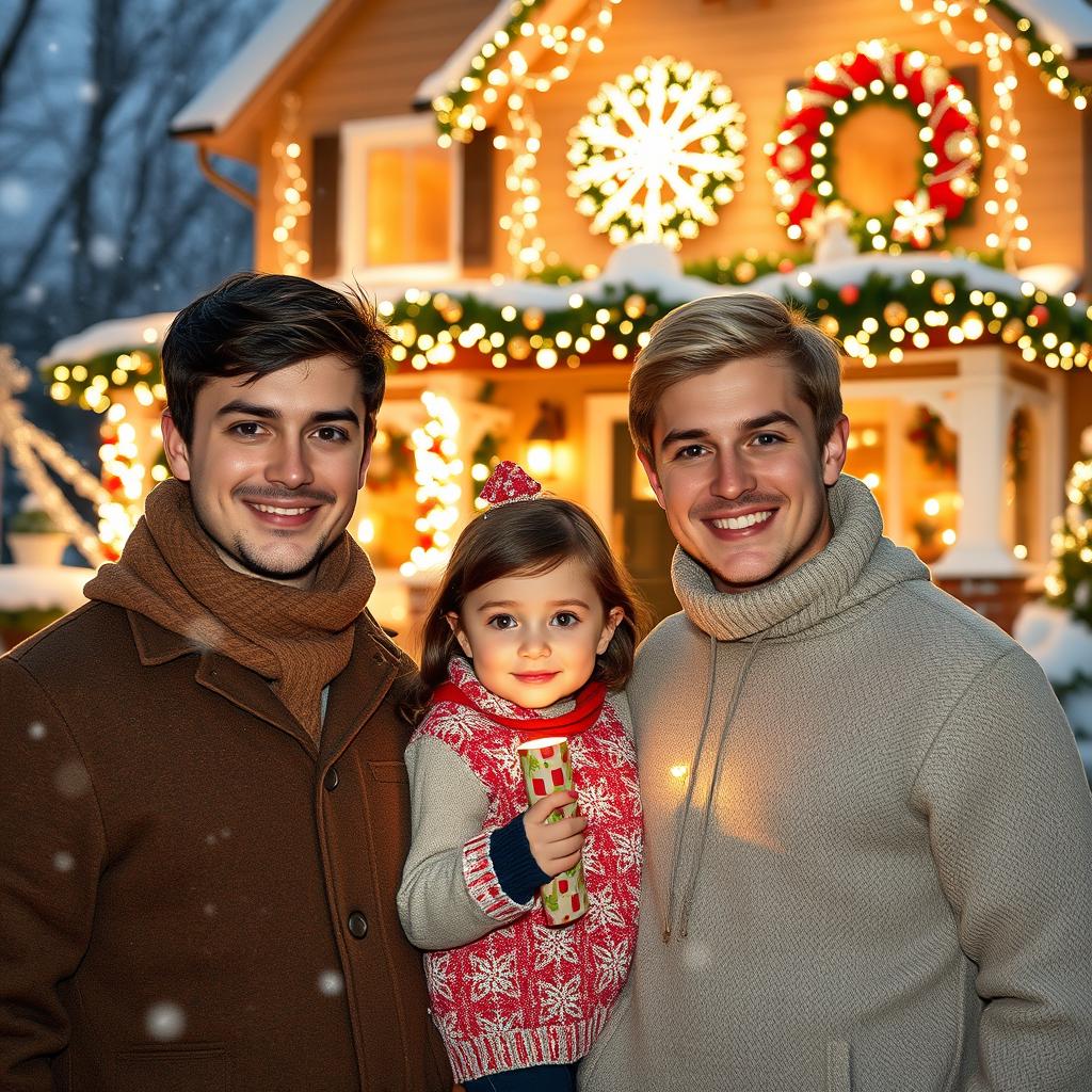 A festive Christmas scene featuring two young men in their 30s, one with dark hair and the other with blond hair, standing together in front of a beautifully decorated house adorned with sparkling Christmas lights and holiday decorations