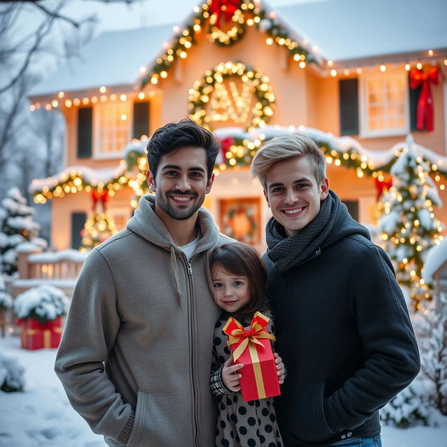 A festive Christmas scene featuring two young men in their 30s, one with dark hair and the other with blond hair, standing together in front of a beautifully decorated house adorned with sparkling Christmas lights and holiday decorations