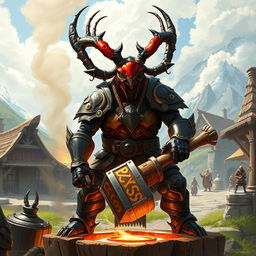 Set in a vivid fantasy world, the scene captures a beetle-like humanoid that intricately blends characteristics of a Crab Stag Beetle and a human