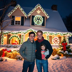 A festive Christmas scene featuring two young men in their 30s, one with dark hair and the other with blond hair, standing together in front of a beautifully decorated house adorned with sparkling Christmas lights and holiday decorations