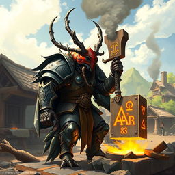 Set in a vivid fantasy world, the scene captures a beetle-like humanoid that intricately blends characteristics of a Crab Stag Beetle and a human