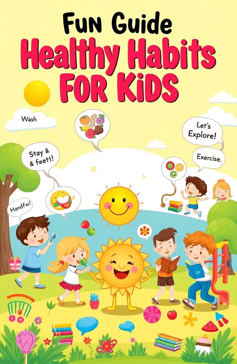 A colorful and engaging illustration that depicts a fun guide for kids on healthy habits