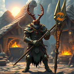 In a vibrant fantasy world, the scene is set against the backdrop of a busy forge nestled within a small village