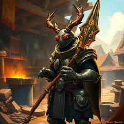 In a vibrant fantasy world, the scene is set against the backdrop of a busy forge nestled within a small village