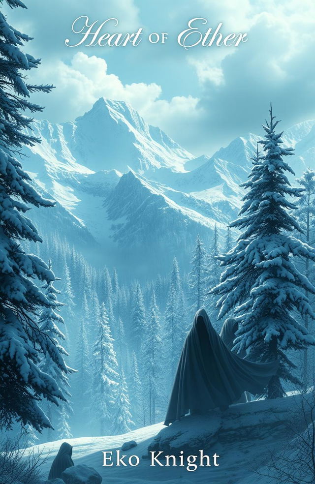 An epic fantasy scene depicting a breathtaking landscape featuring majestic snow-capped mountains and a lush forest blanketed in soft, white snow