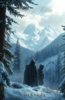 An epic fantasy scene depicting a breathtaking landscape featuring majestic snow-capped mountains and a lush forest blanketed in soft, white snow