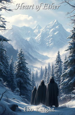 An epic fantasy scene depicting a breathtaking landscape featuring majestic snow-capped mountains and a lush forest blanketed in soft, white snow
