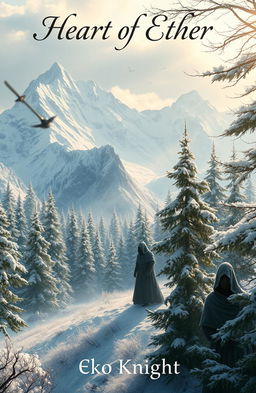 An epic fantasy scene depicting a breathtaking landscape featuring majestic snow-capped mountains and a lush forest blanketed in soft, white snow