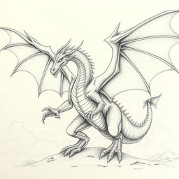 A detailed pencil drawing of a dragon with large, expansive wings in a dynamic pose