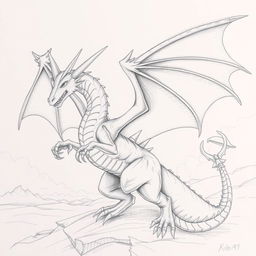 A detailed pencil drawing of a dragon with large, expansive wings in a dynamic pose