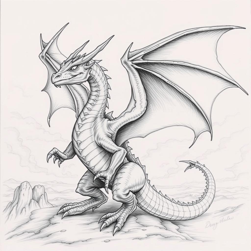 A detailed pencil drawing of a dragon with large, expansive wings in a dynamic pose