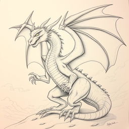 A detailed pencil drawing of a dragon with large, expansive wings in a dynamic pose
