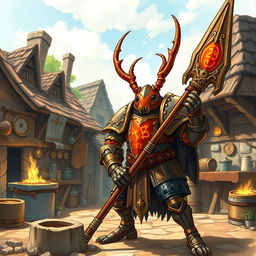 In a beautifully illustrated fantasy world, the scene depicts a bustling forge within a charming small village