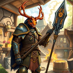 In a beautifully illustrated fantasy world, the scene depicts a bustling forge within a charming small village