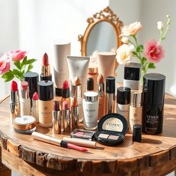 A beautifully arranged display of a variety of Yemen Beauty cosmetics products, including lipsticks, foundations, eyeshadows, and skincare items, featuring elegant packaging reflecting the brand's aesthetic