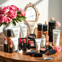 A beautifully arranged display of a variety of Yemen Beauty cosmetics products, including lipsticks, foundations, eyeshadows, and skincare items, featuring elegant packaging reflecting the brand's aesthetic