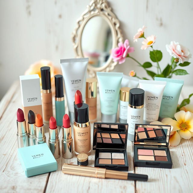 A beautifully arranged display of a variety of Yemen Beauty cosmetics products, including lipsticks, foundations, eyeshadows, and skincare items, featuring elegant packaging reflecting the brand's aesthetic