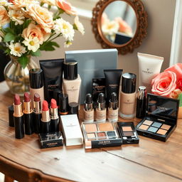A beautifully arranged display of a variety of Yemen Beauty cosmetics products, including lipsticks, foundations, eyeshadows, and skincare items, featuring elegant packaging reflecting the brand's aesthetic