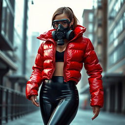 A hot slim girl with big boobs, wearing a shiny red tight puffer jacket that glistens under the light
