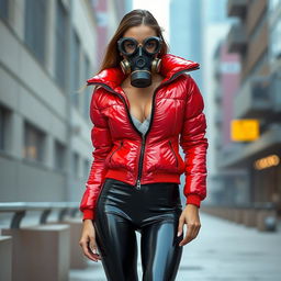 A hot slim girl with big boobs, wearing a shiny red tight puffer jacket that glistens under the light