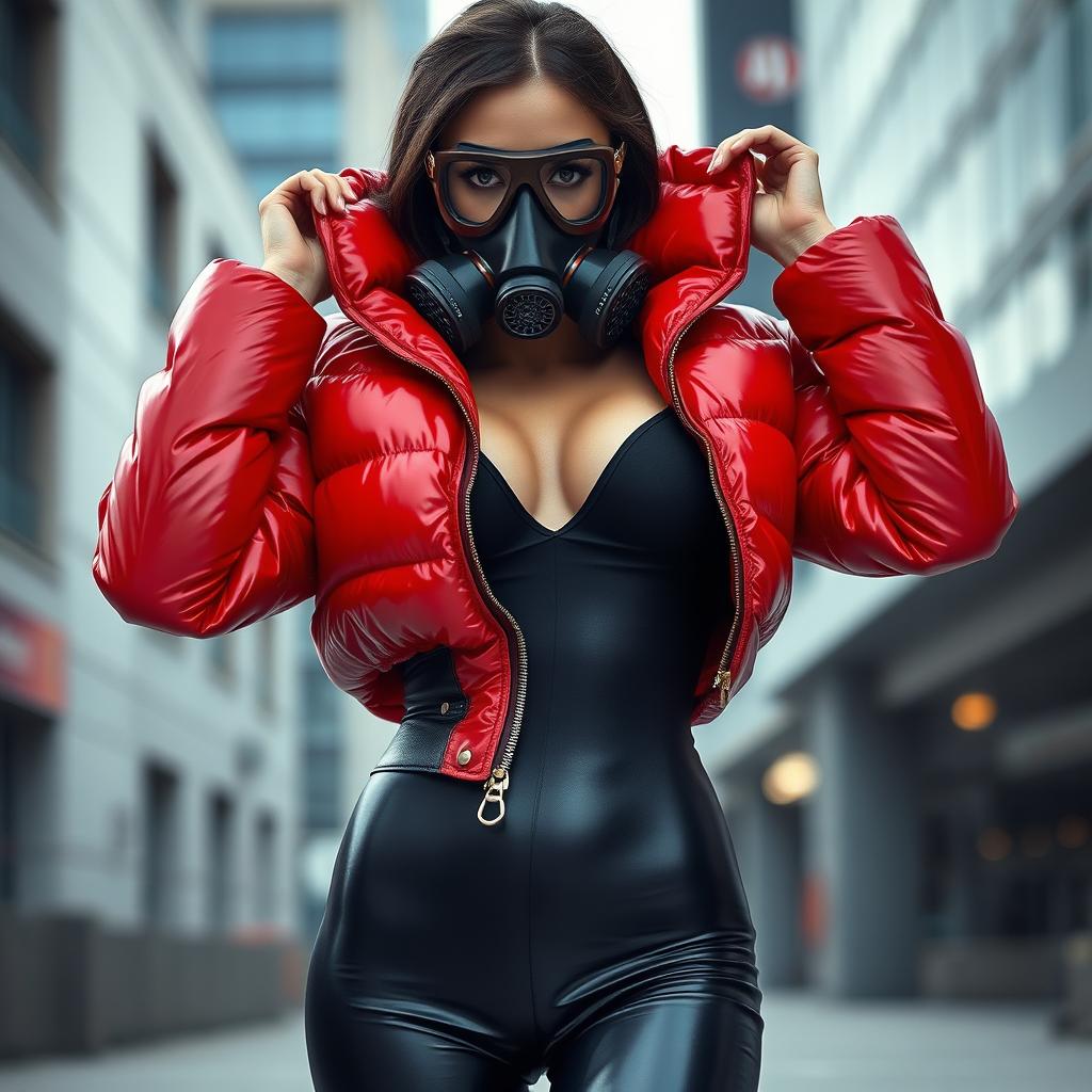 A hot slim girl with big boobs, wearing a shiny red tight puffer jacket that glistens under the light