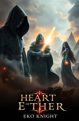 An epic fantasy movie poster for a trilogy titled "Heart of Ether" by author Eko Knight