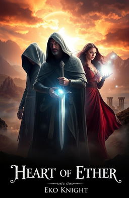 An epic fantasy movie poster for a trilogy titled "Heart of Ether" by author Eko Knight