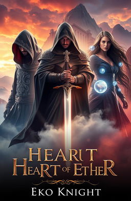 An epic fantasy movie poster for a trilogy titled "Heart of Ether" by author Eko Knight