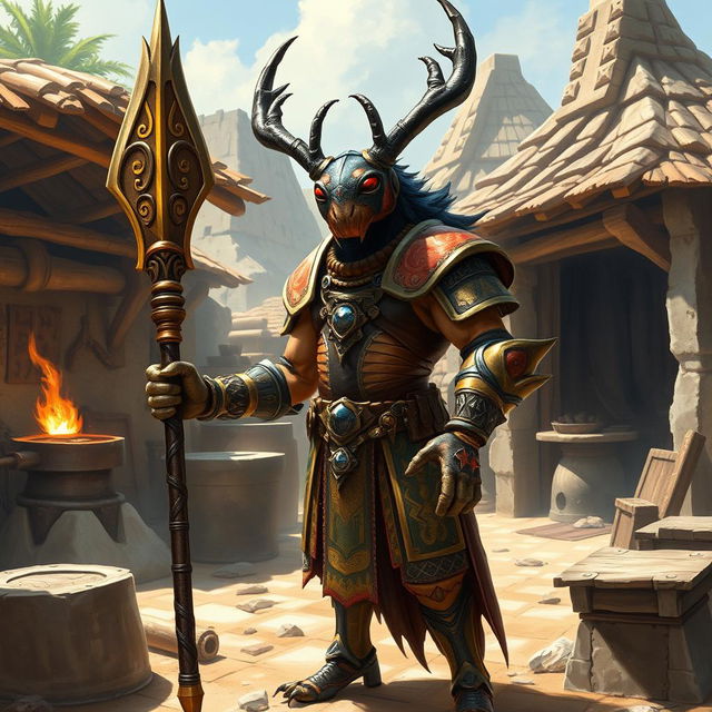 In an enchanting avatar-like fantasy world, the scene features a beetle-like humanoid that combines the traits of a Crab Stag Beetle and a human