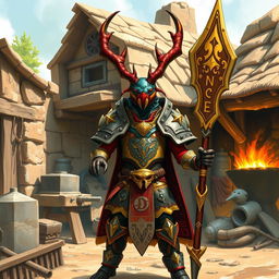 In an enchanting avatar-like fantasy world, the scene features a beetle-like humanoid that combines the traits of a Crab Stag Beetle and a human