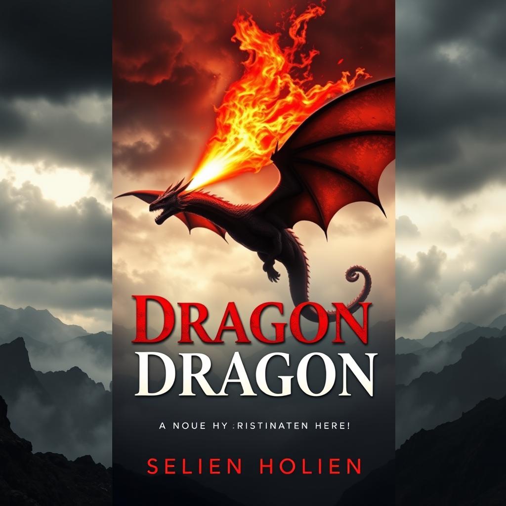 A dramatic book cover design showcasing a fire-breathing dragon in a cinematic style