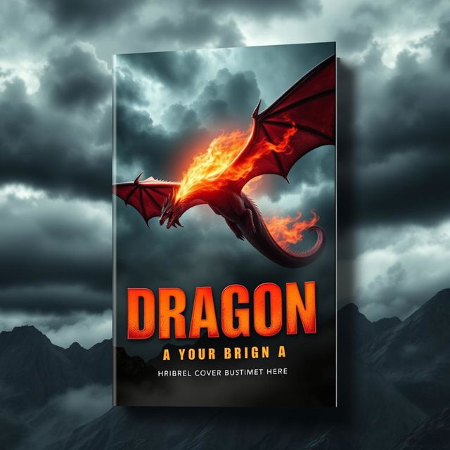 A dramatic book cover design showcasing a fire-breathing dragon in a cinematic style