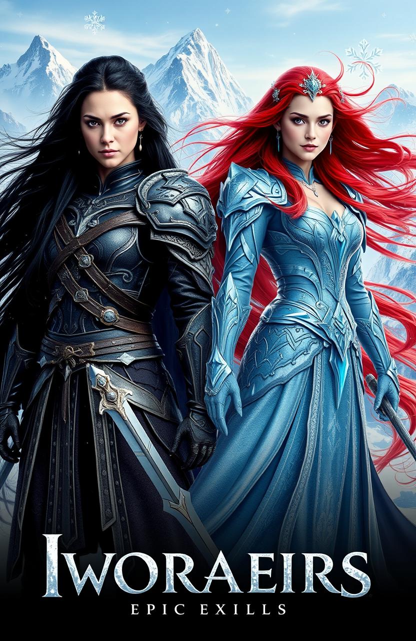 A breathtaking fantasy movie poster featuring two stunning warrioresses