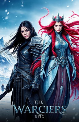 A breathtaking fantasy movie poster featuring two stunning warrioresses
